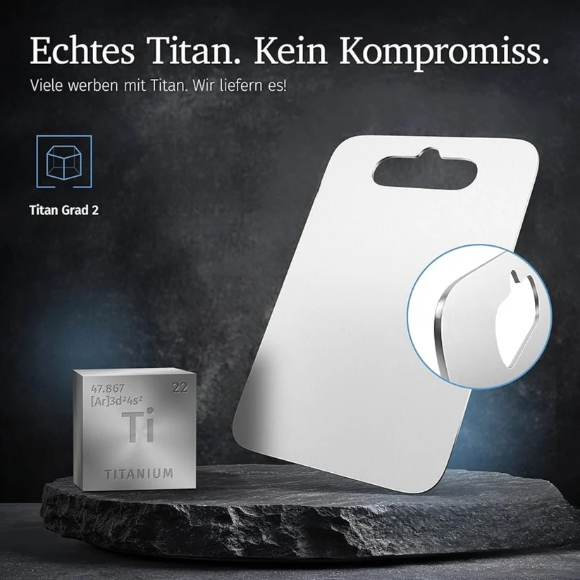 Titan-Schneidebrett 2.0 mm aus Titan Grad 2 auf einer Schieferplatte, daneben ein Titan-Barren