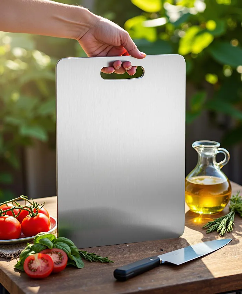 Titan-Schneidebrett in der Küche mit frischen Tomaten, Basilikum und Olivenöl